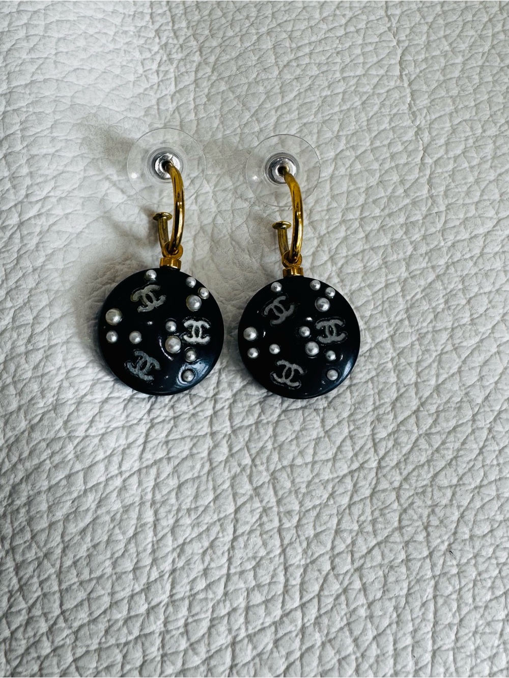 CHANEL Black Disc Hoop Earrings with Faux Pearls and Logo Motifs with COA